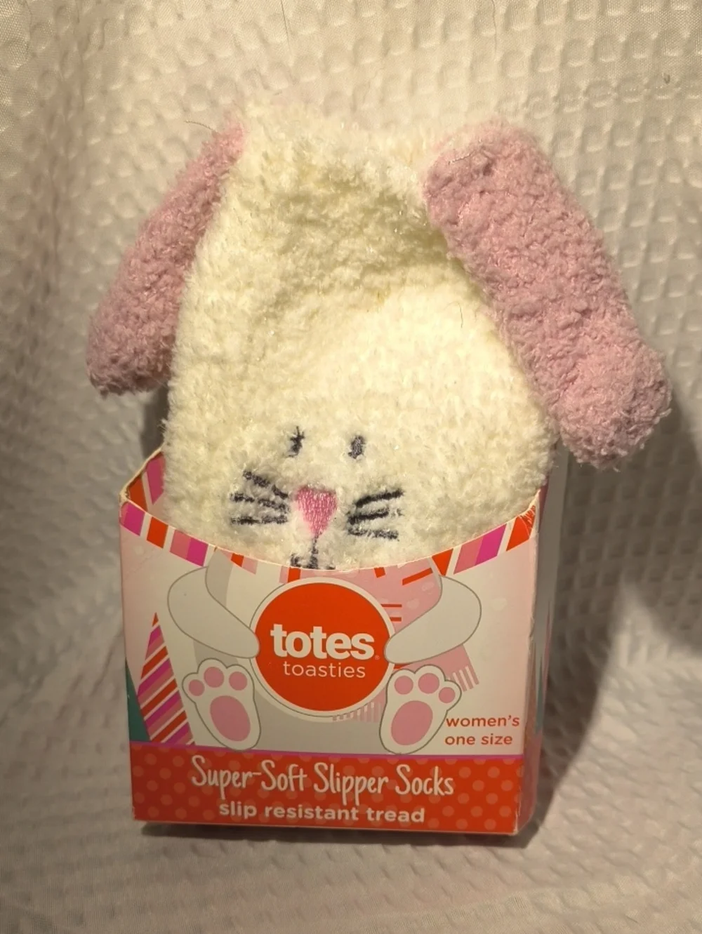 totes Cream and Pink Bunny Super-Soft Slipper Socks